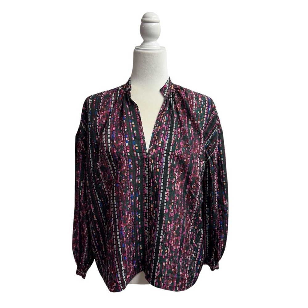 Marie Oliver Mosaic Long Sleeve Split Neck Blouse Top Small